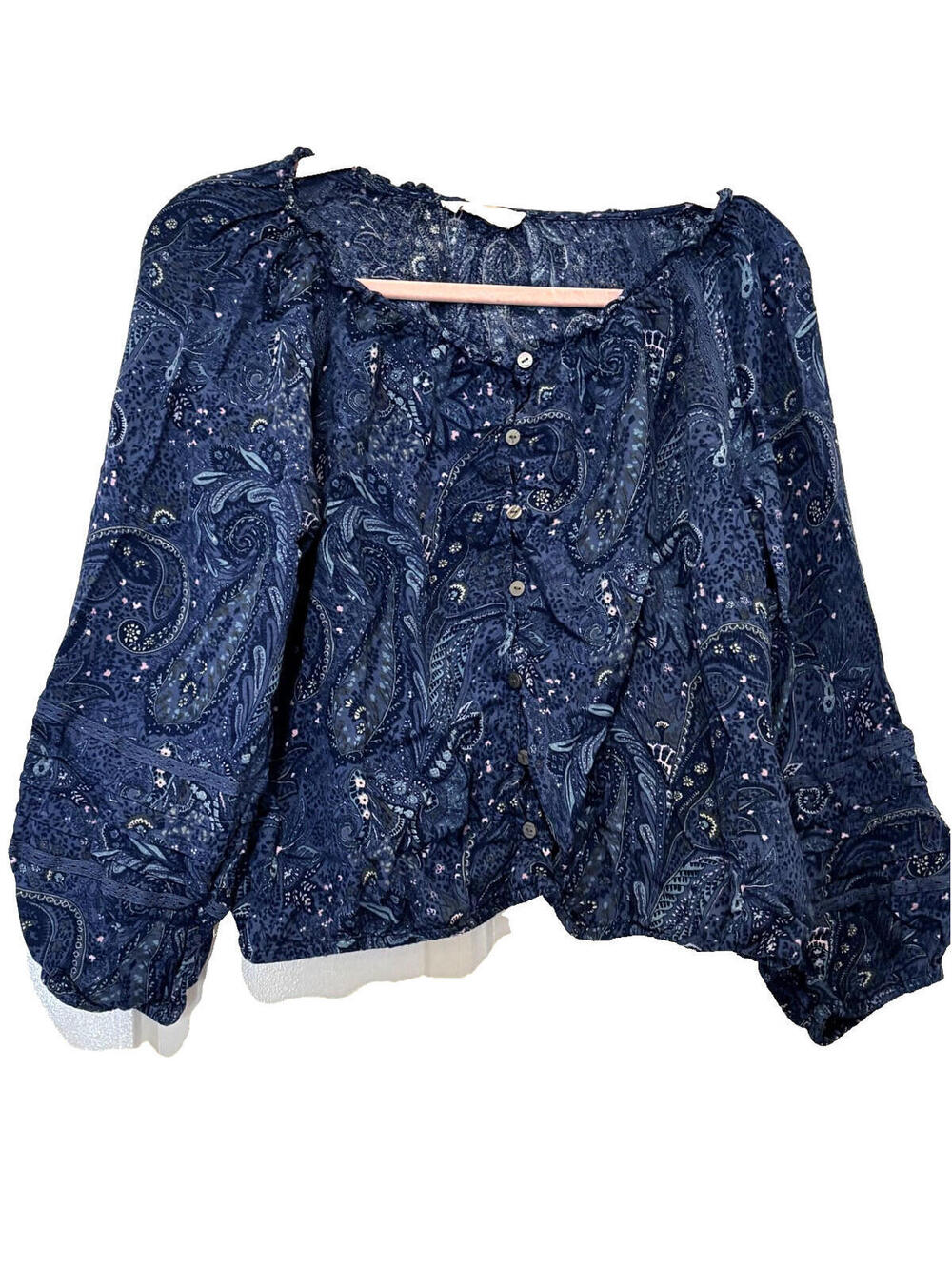 Lucky Brand blue paisley boho sz L long sleeve‎ blouse #3498